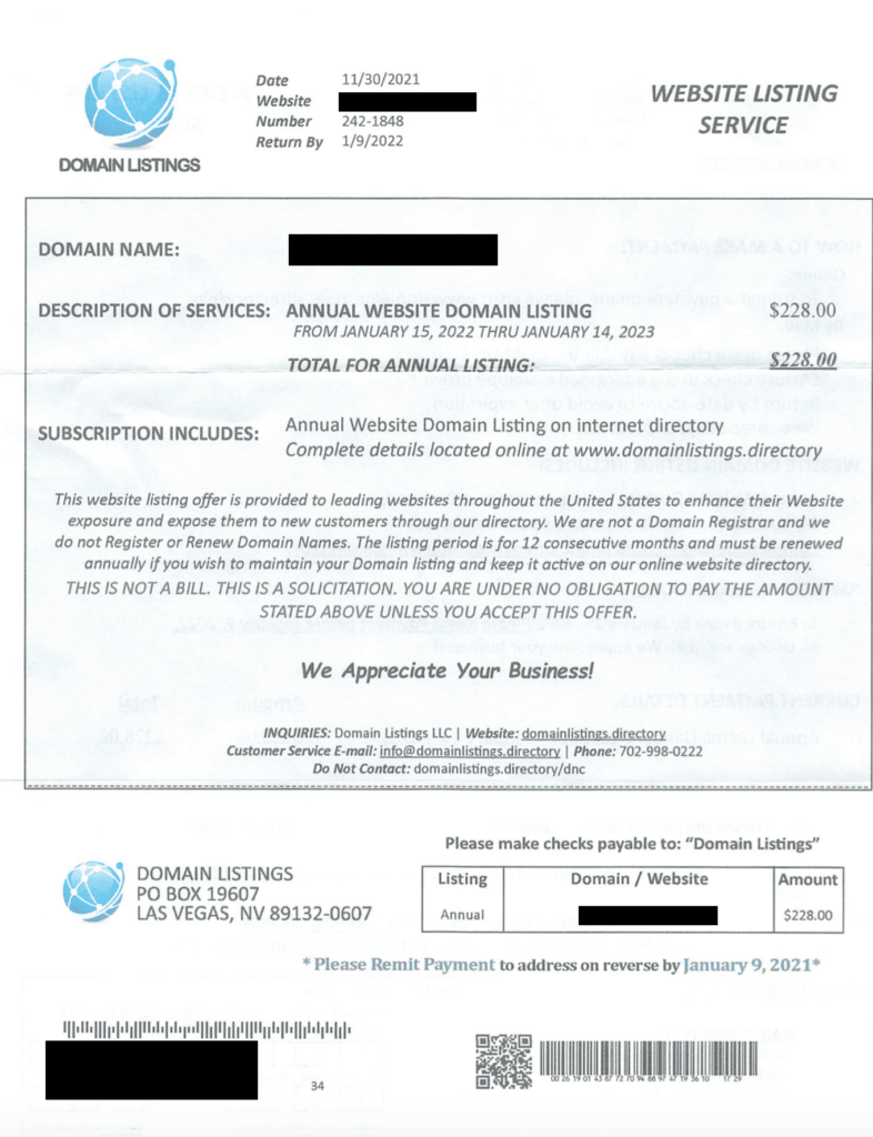domain listings directory scam letter sent to small businesses