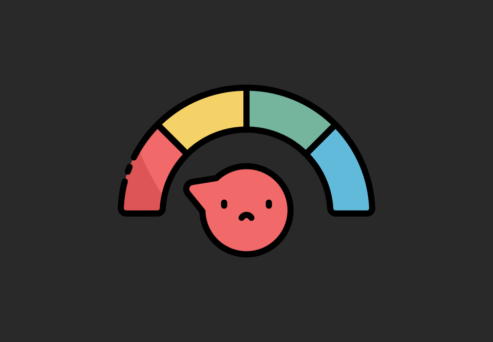 An icon of a sad face in red with an arrow pointing to a red section in an arch of red, yellow, green and blue