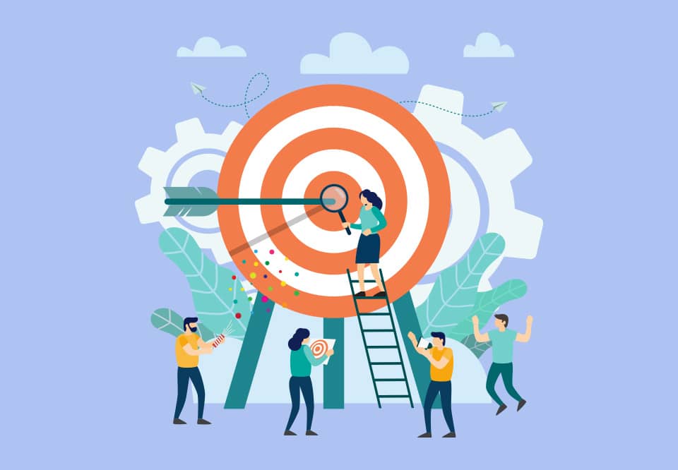 illustration of a business concept where people are working together around a large target