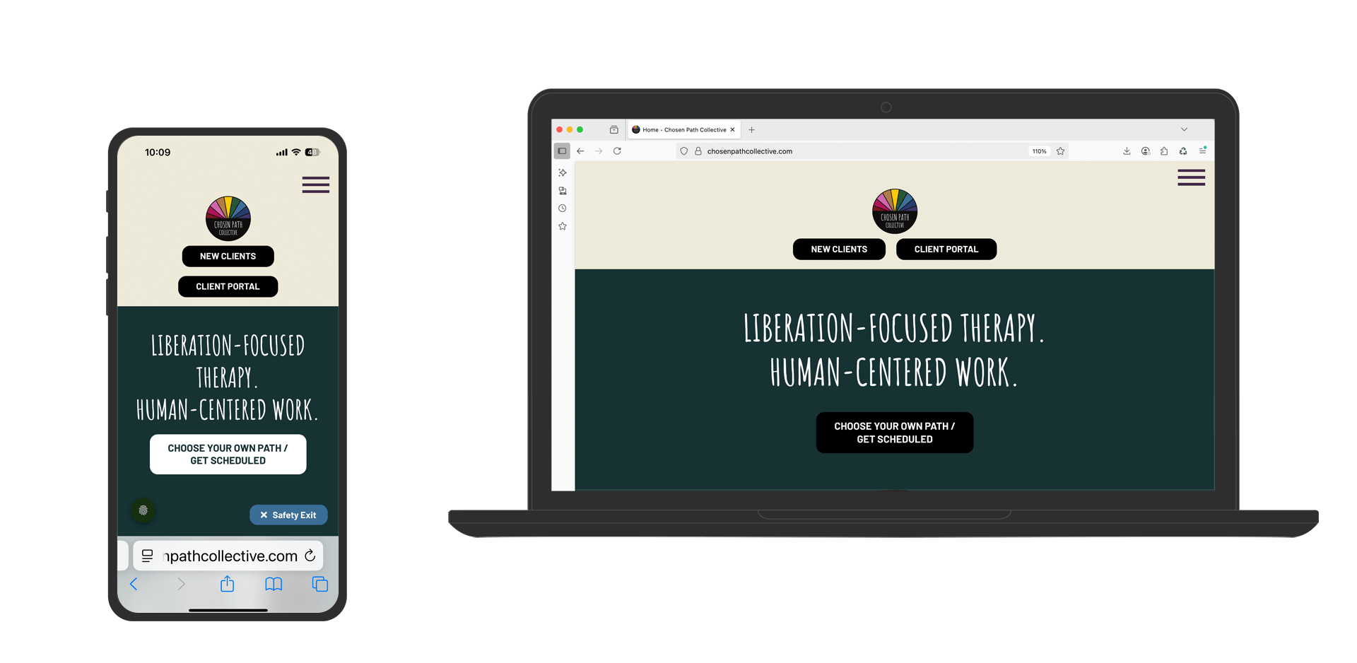 A screenshot of Chosen Path Collective shown is a laptop and phone screen