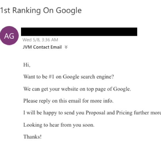 Email SEO scam claiming to be able to make your website number 1 on Google