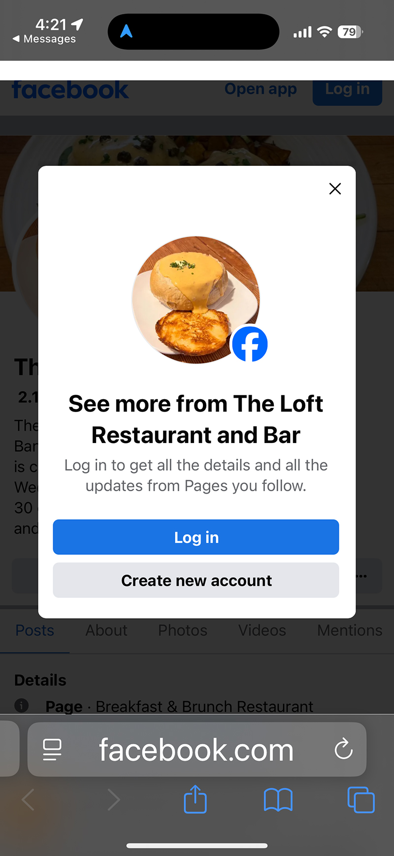 A mobile screenshot of a restaurant's page on Facebook showing you have to login or create an account in order to access it.
