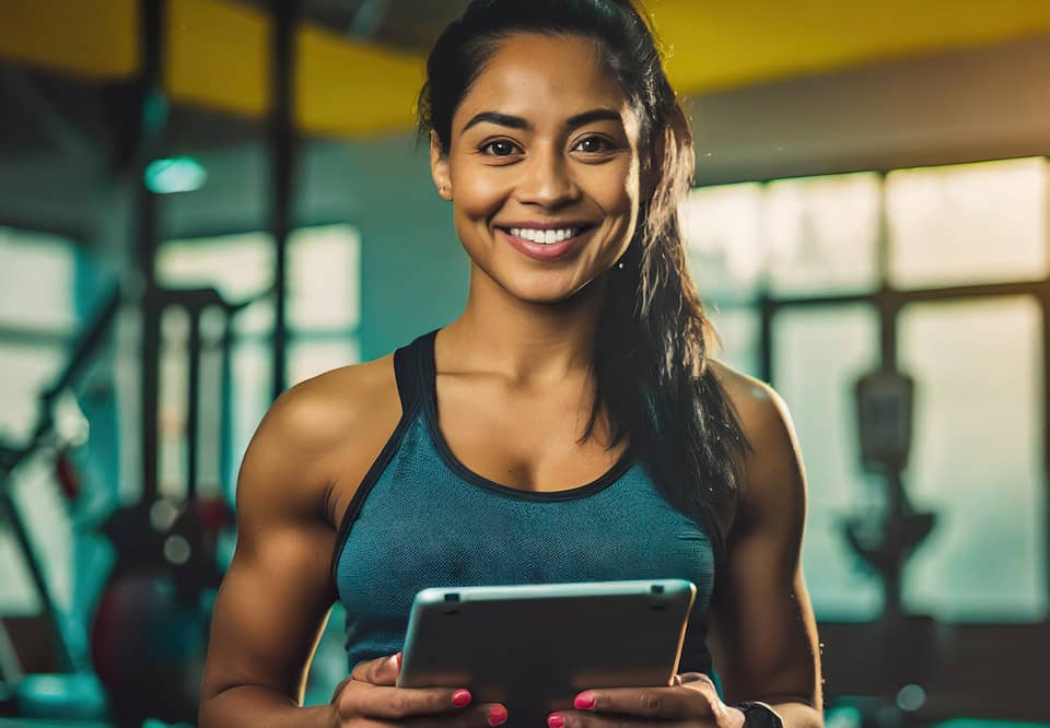 A female personal trainer smiles and holds a laptop