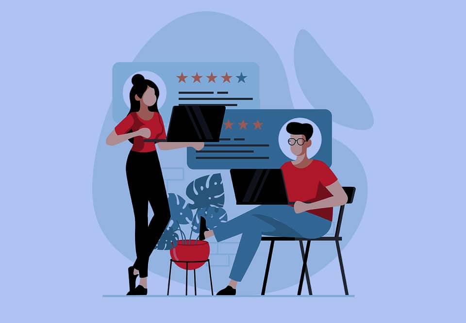 An illustration of two people sharing feedback