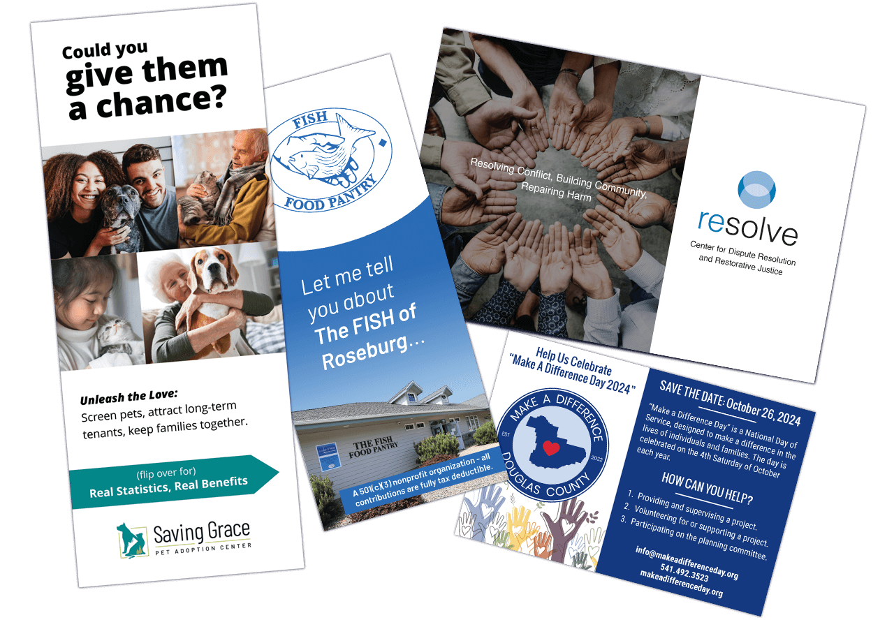 An example of printed graphic design examples including rack cards, brochures and post cards