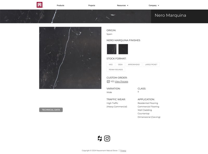 A screenshot of a product page with options on the Haussmann Natural Stone website