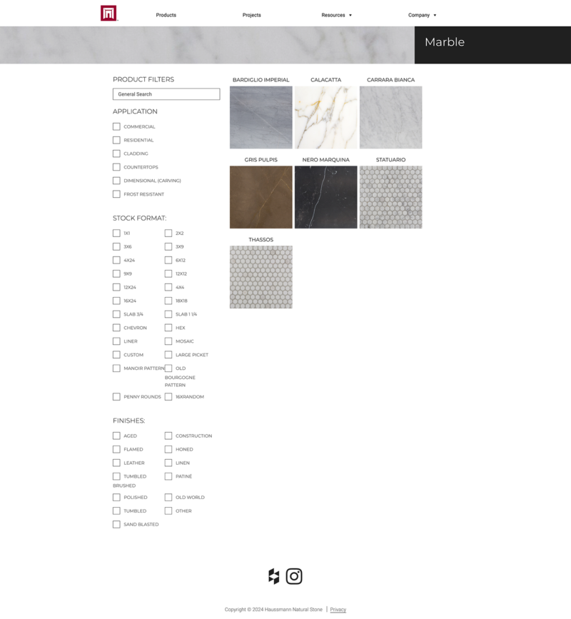 A screenshot of the product categories and sort options on the Haussmann Natural Stone website