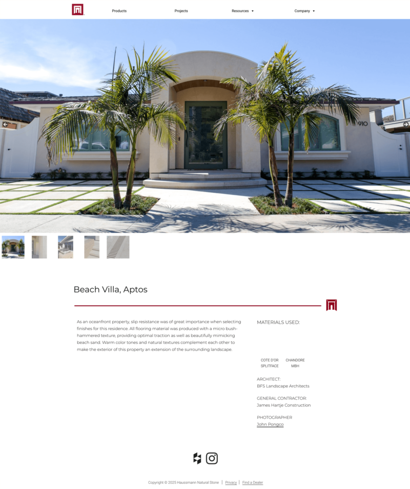 A screenshot of a project page on the Haussmann Natural Stone website