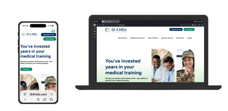 A screenshot of the custom WordPress site for DI4MDs shown in a laptop and phone screen