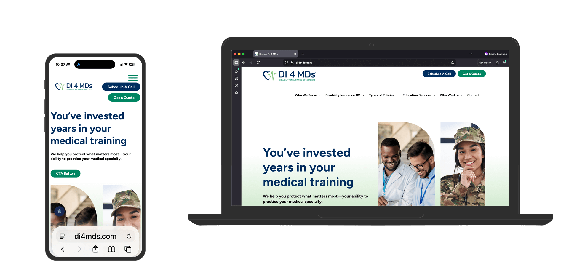 A screenshot of the custom WordPress site for DI4MDs shown in a laptop and phone screen