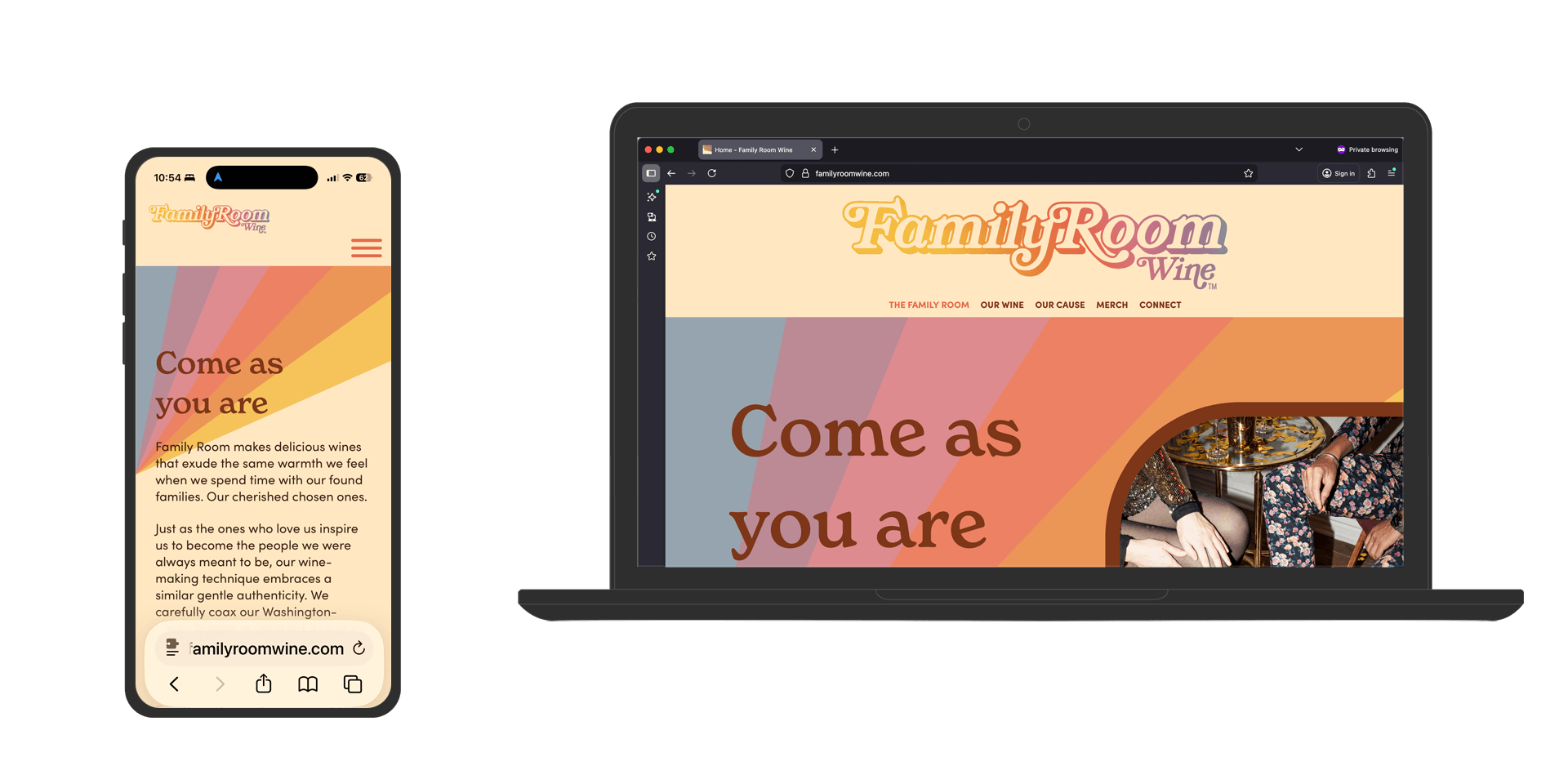 A screenshot of a custom WordPress website for Family Room Wine as shown in a laptop and phone screen