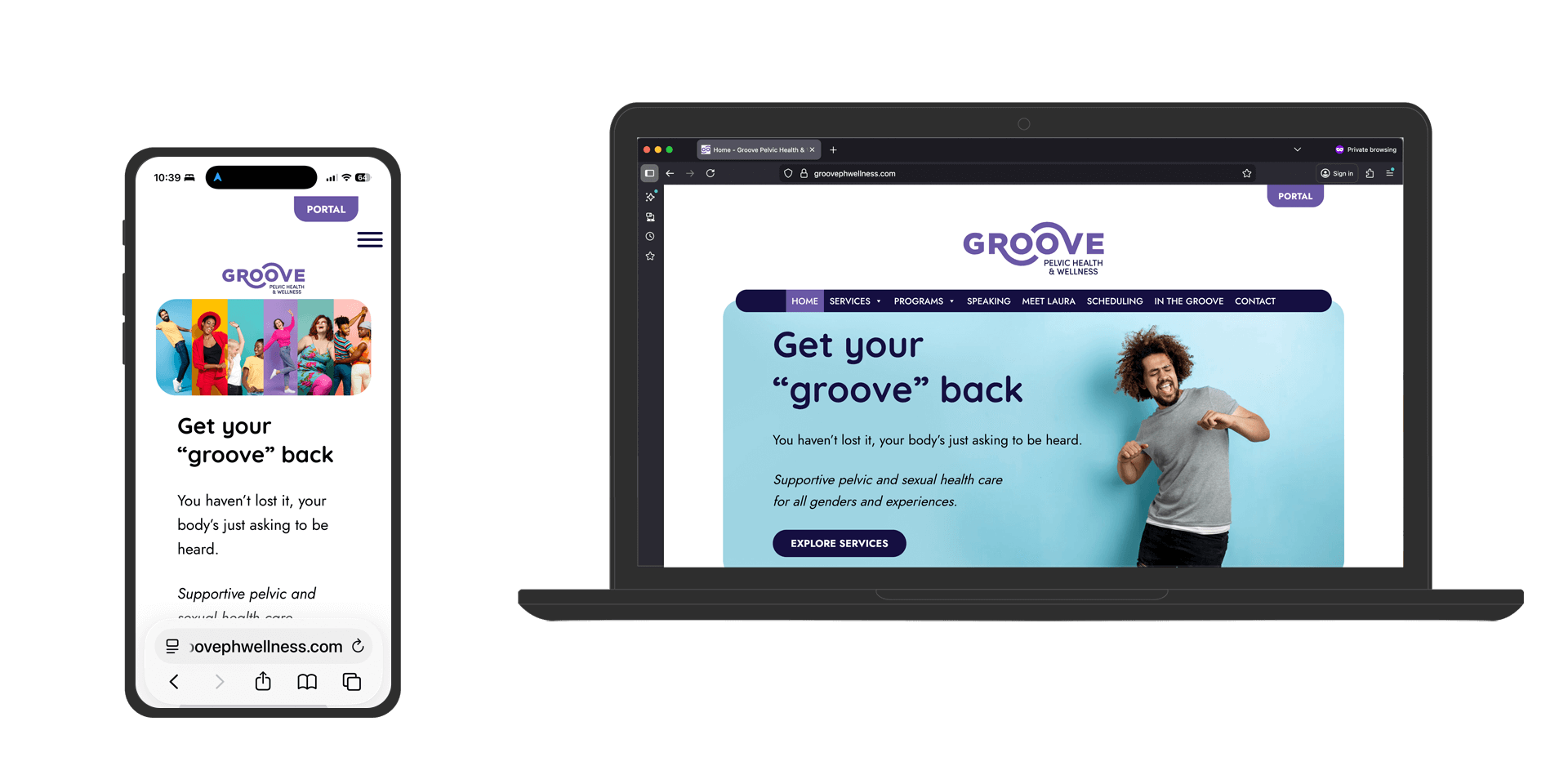 A screenshot of the Groove Pelvic Health custom WordPress website shown in a laptop and mobile phone screen