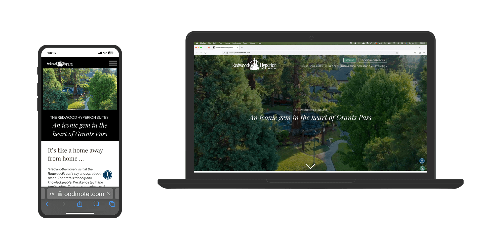 A website design portfolio image showing a mobile phone with the Redwood Hyperion Hotel website and a laptop with the same website