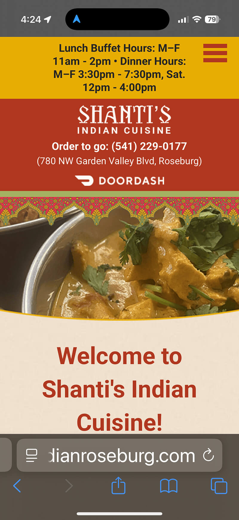 A mobile screenshot of a restaurant website's home page showing hours and location at the top