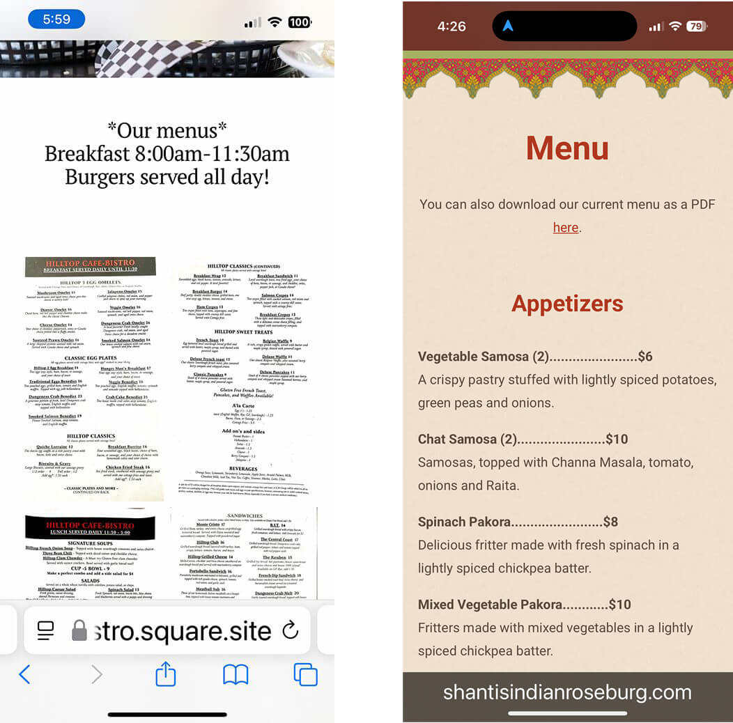 2 screenshots comparing the way to not add a menu to a restaurant website and the way to add the menu
