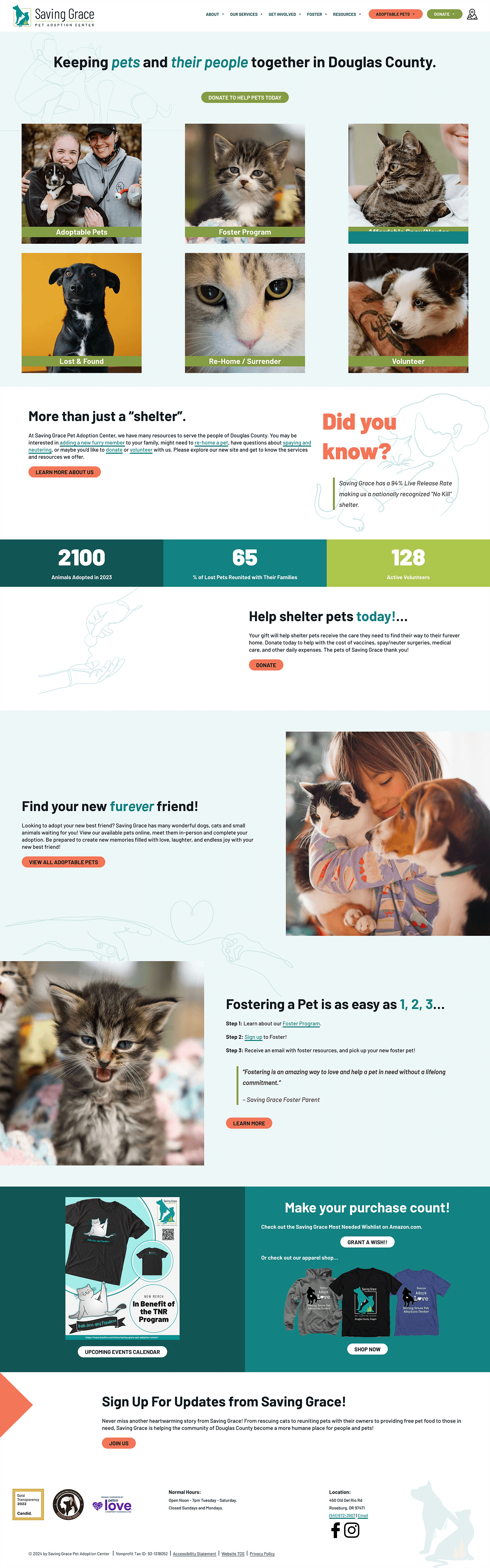 A screenshot of the home page of the Saving Grace Pet Adoption Center home page after a WordPress website redesign by JVM Design
