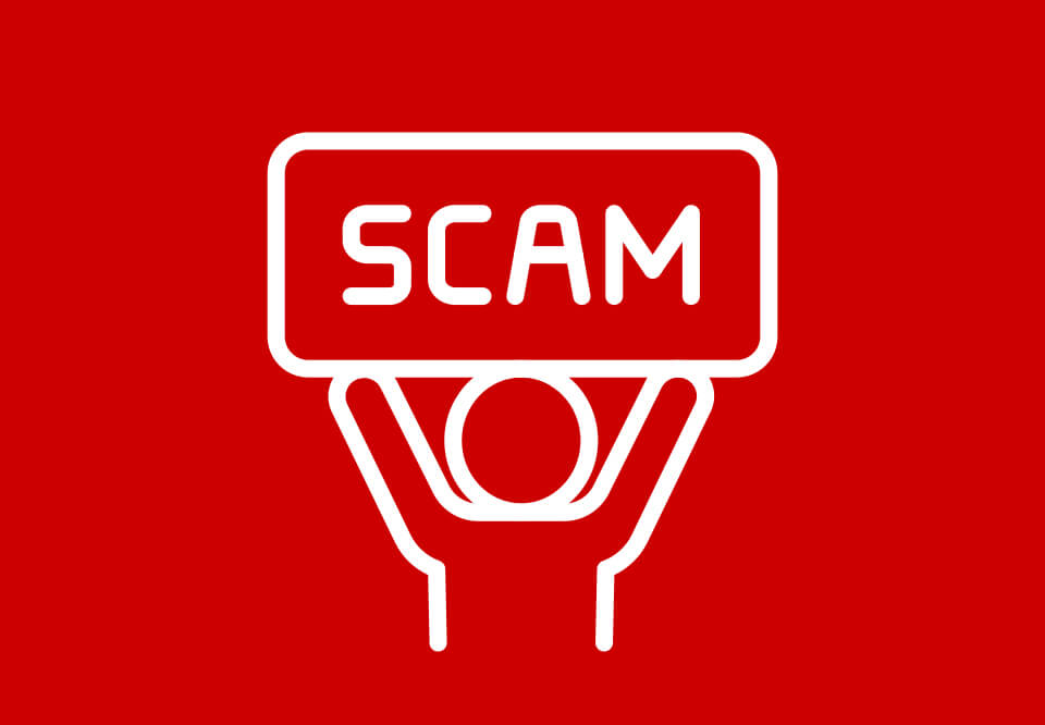 an icon of a generic person holding a sign which reads SCAM