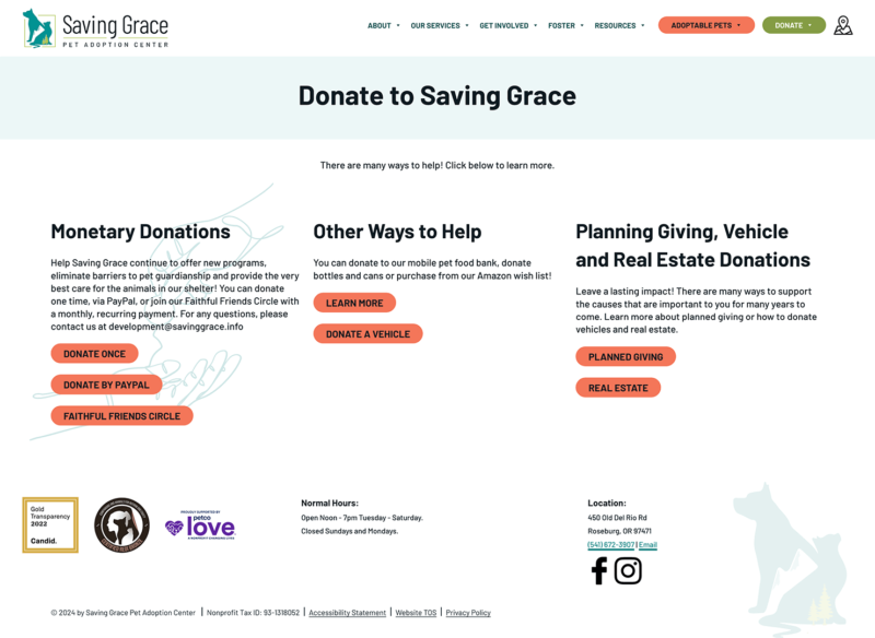 A screenshot from the Saving Grace Animal Shelter custom WordPress website showing ways to donate