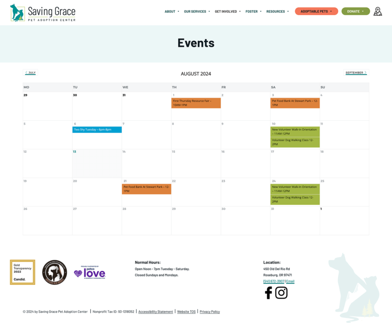 A screenshot from the Saving Grace Animal Shelter custom WordPress website showing events calendar
