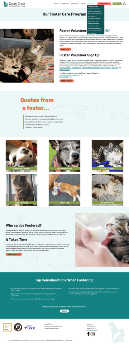 A screenshot from the Saving Grace Animal Shelter custom WordPress website showing information about fostering animals