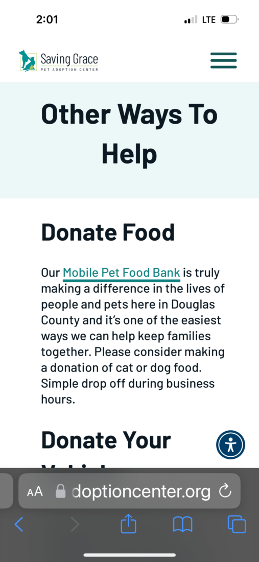 A mobile screenshot of the Saving Grace Animal Shelter custom WordPress website showing ways to help