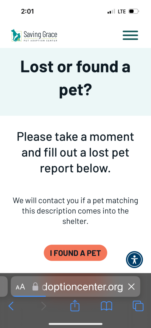 A mobile screenshot of the Saving Grace Animal Shelter custom WordPress website showing information on what to do if you've lost a pet