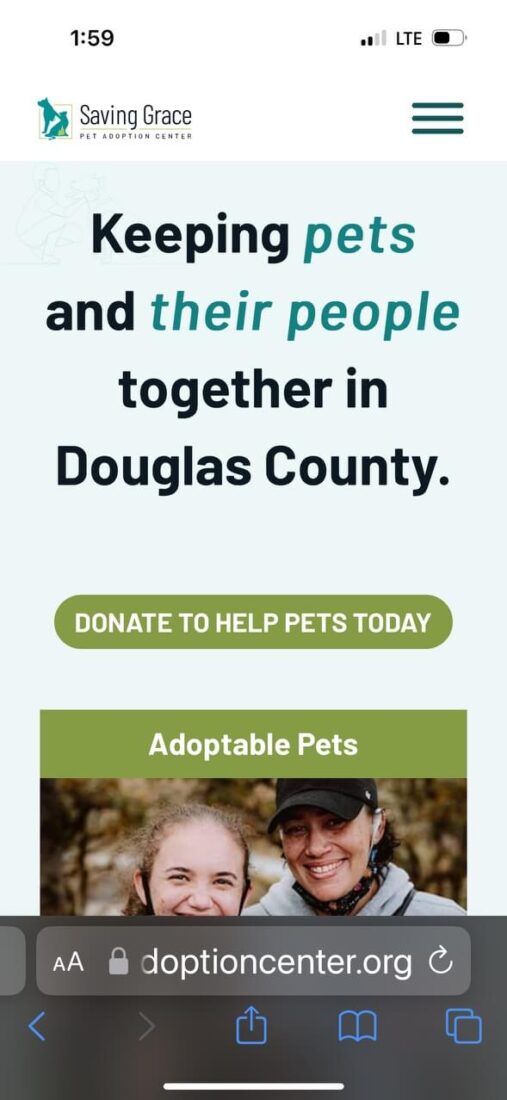 A mobile screenshot of the Saving Grace Animal Shelter custom WordPress website showing the home page
