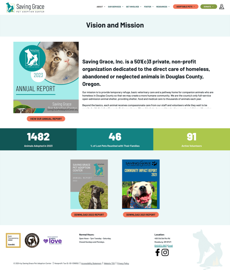 A screenshot from the Saving Grace Animal Shelter custom WordPress website showing information on mission and values