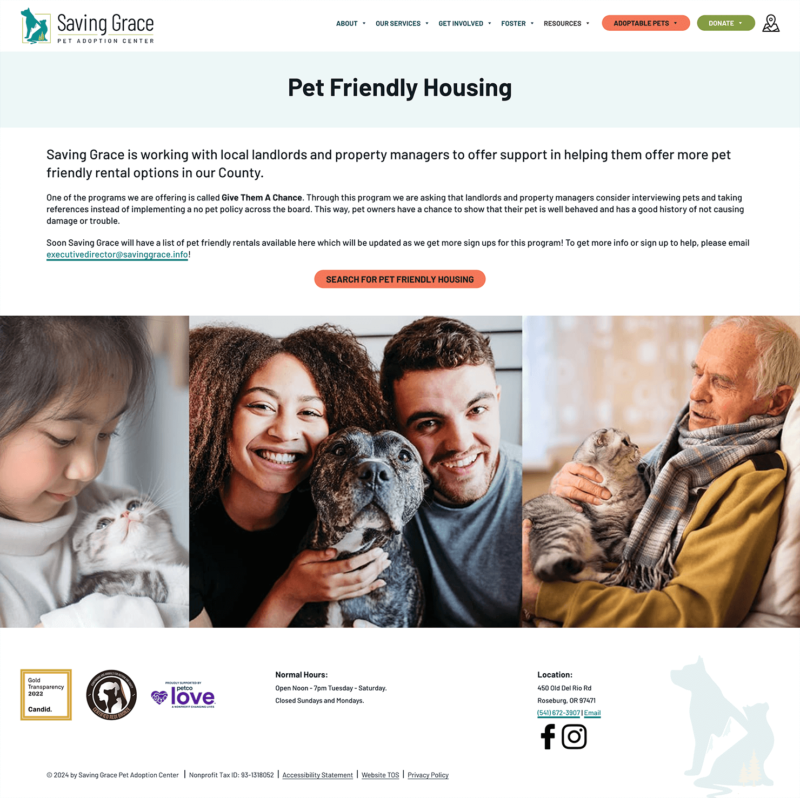 A screenshot from the Saving Grace Animal Shelter custom WordPress website showing information on pet friendly housing