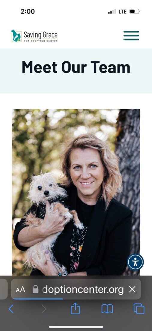 A mobile screenshot of the Saving Grace Animal Shelter custom WordPress website showing the staff page