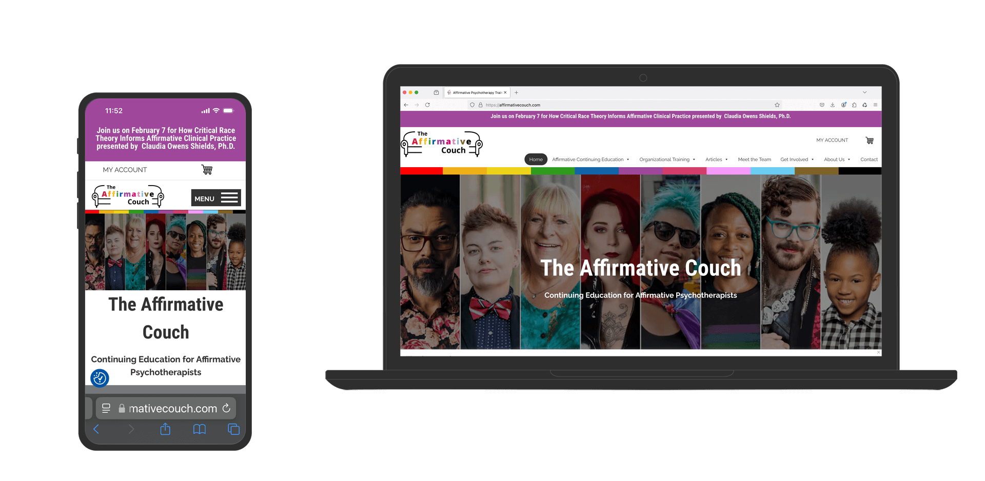 Image showing a laptop and mobile phone with the home page of the custom website design and WordPress website for The Affirmative Couch