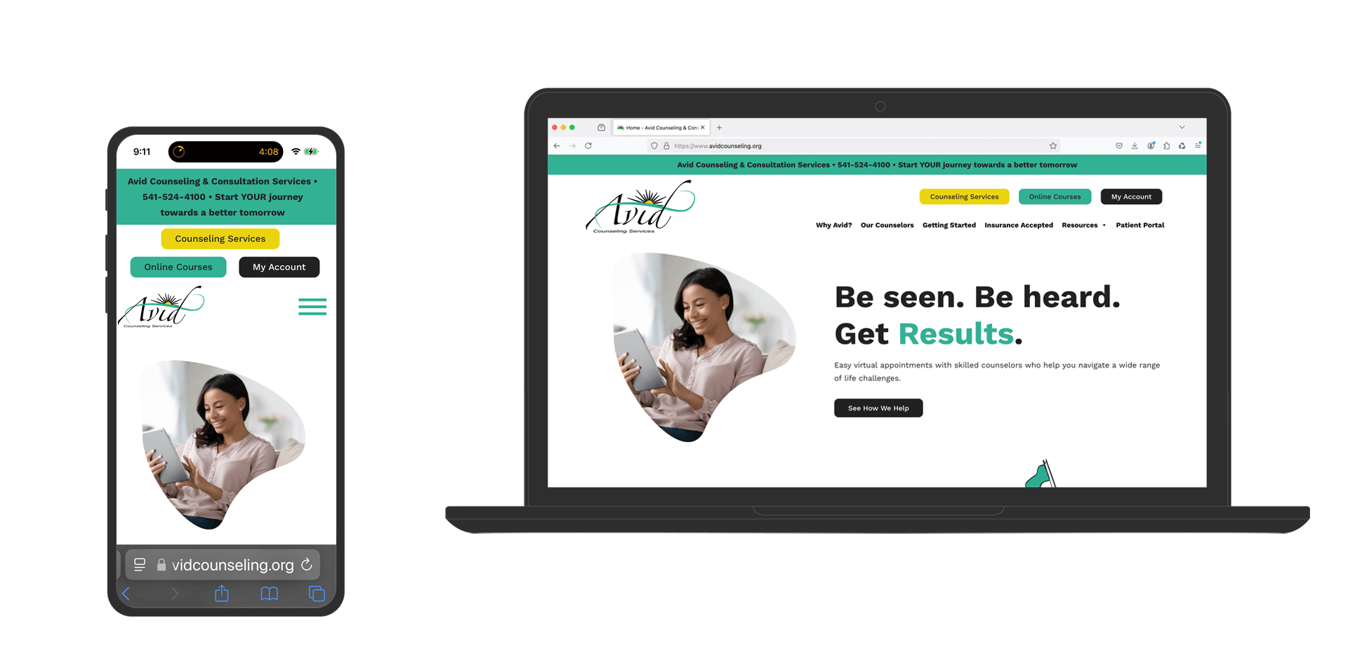 Image showing a laptop and mobile phone with the home page of the custom website design and WordPress website for Avid Counseling