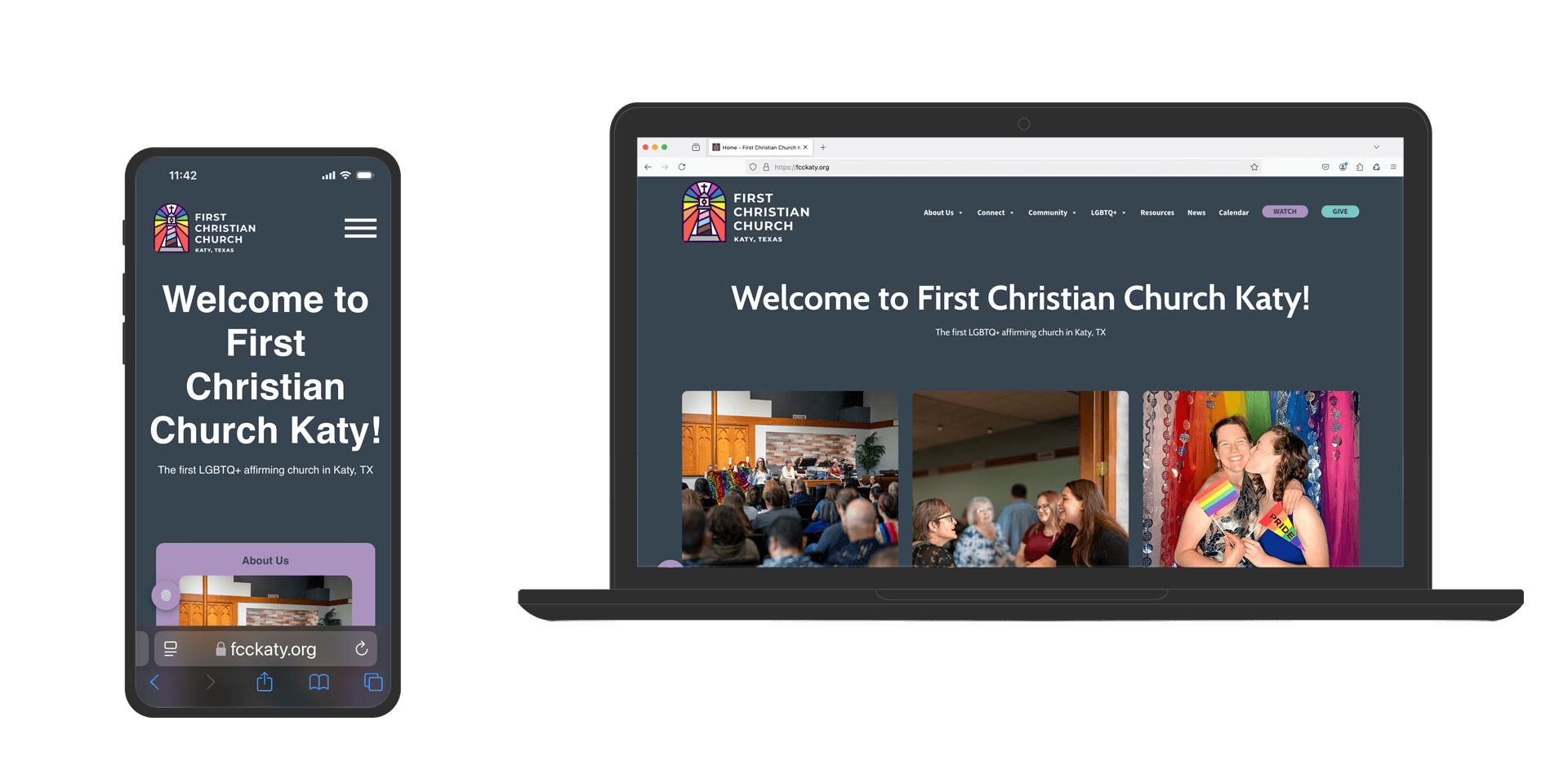 Image showing a laptop and mobile phone with the home page of the custom website design and WordPress website for FCC Katy Church