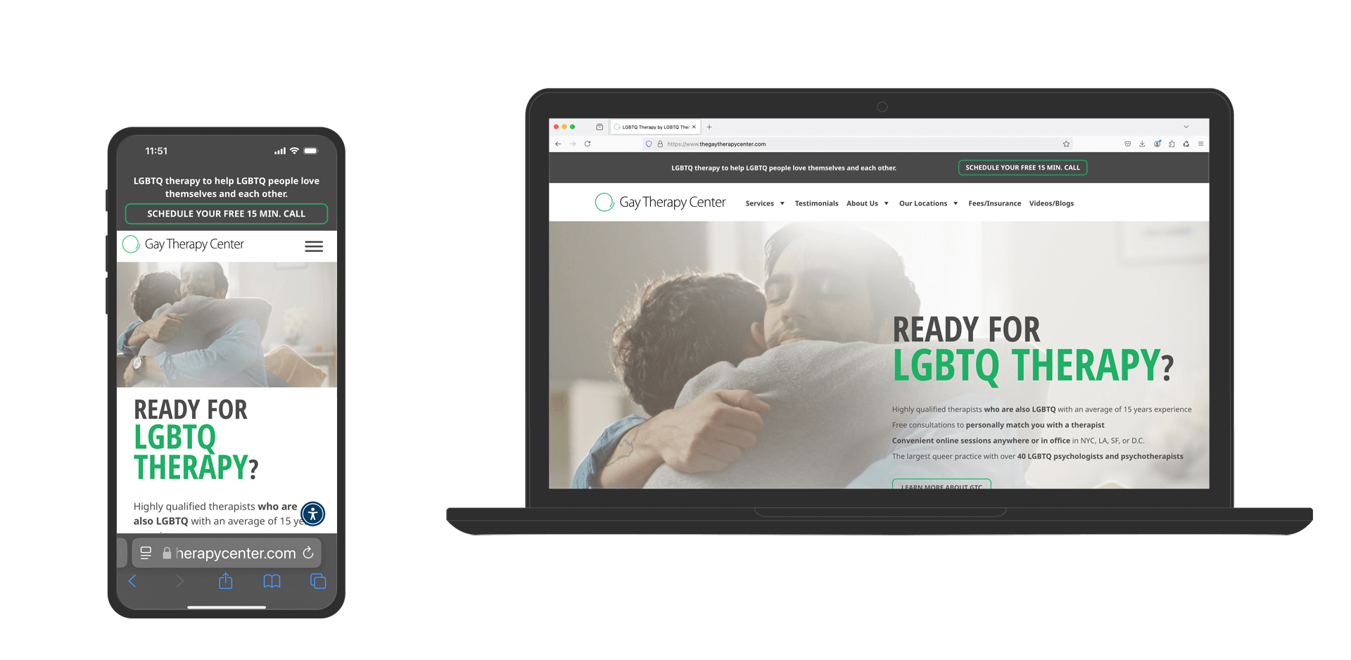 Image showing a laptop and mobile phone with the home page of the custom website design and WordPress website for the Gay Therapy Center
