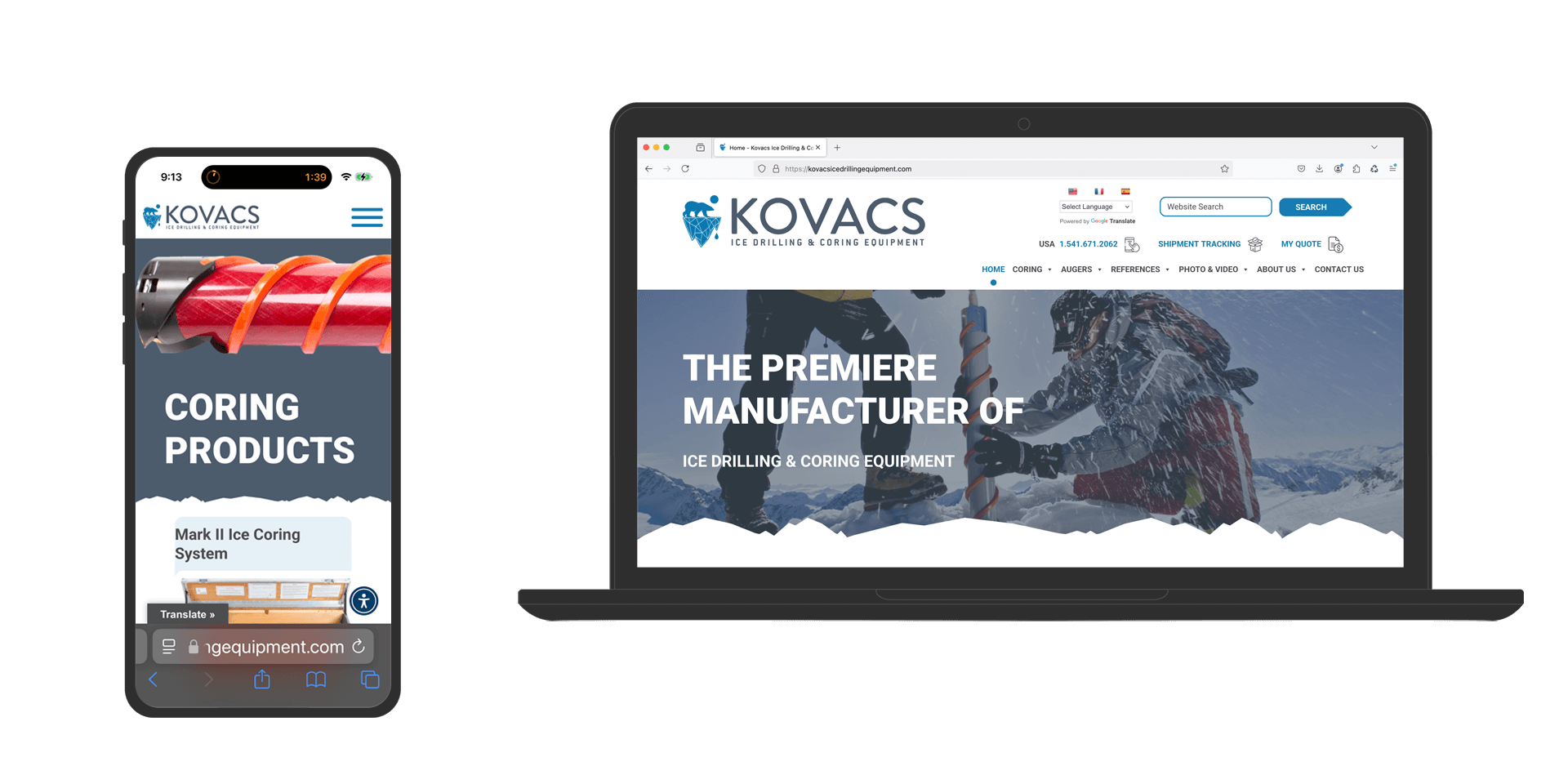 Image showing a laptop and mobile phone with the home page of the Kovacs Ice Drilling custom website design on the screens