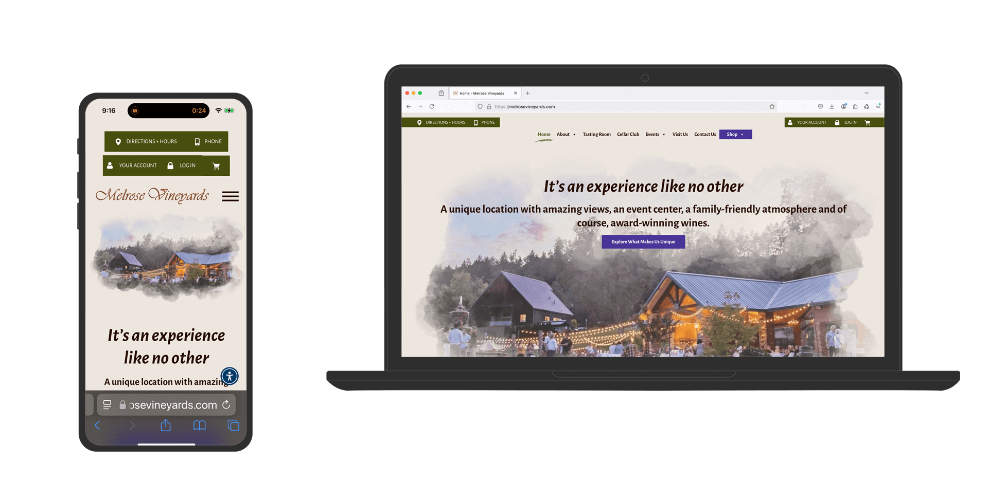 Image showing a laptop and mobile phone with the home page of the custom website design and WordPress website for Melrose Vineyards