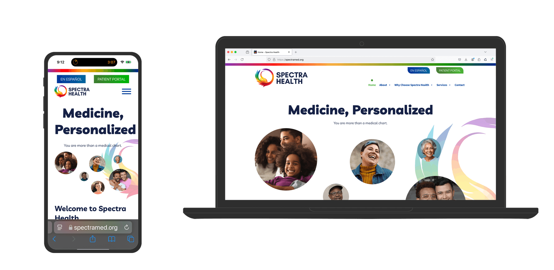 Image showing a laptop and mobile phone with the home page of the custom website design and WordPress website for Spectra Health