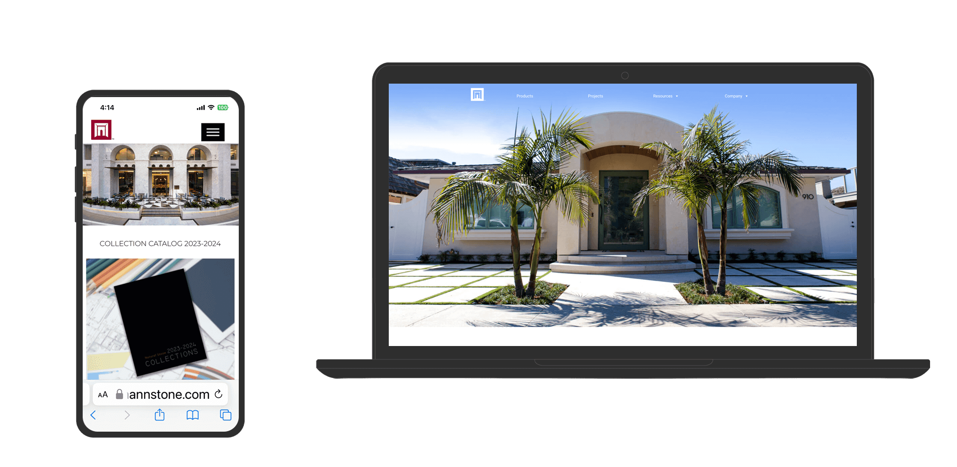 A website design portfolio image showing a mobile phone with the Haussmann Stone website and a laptop with the same website