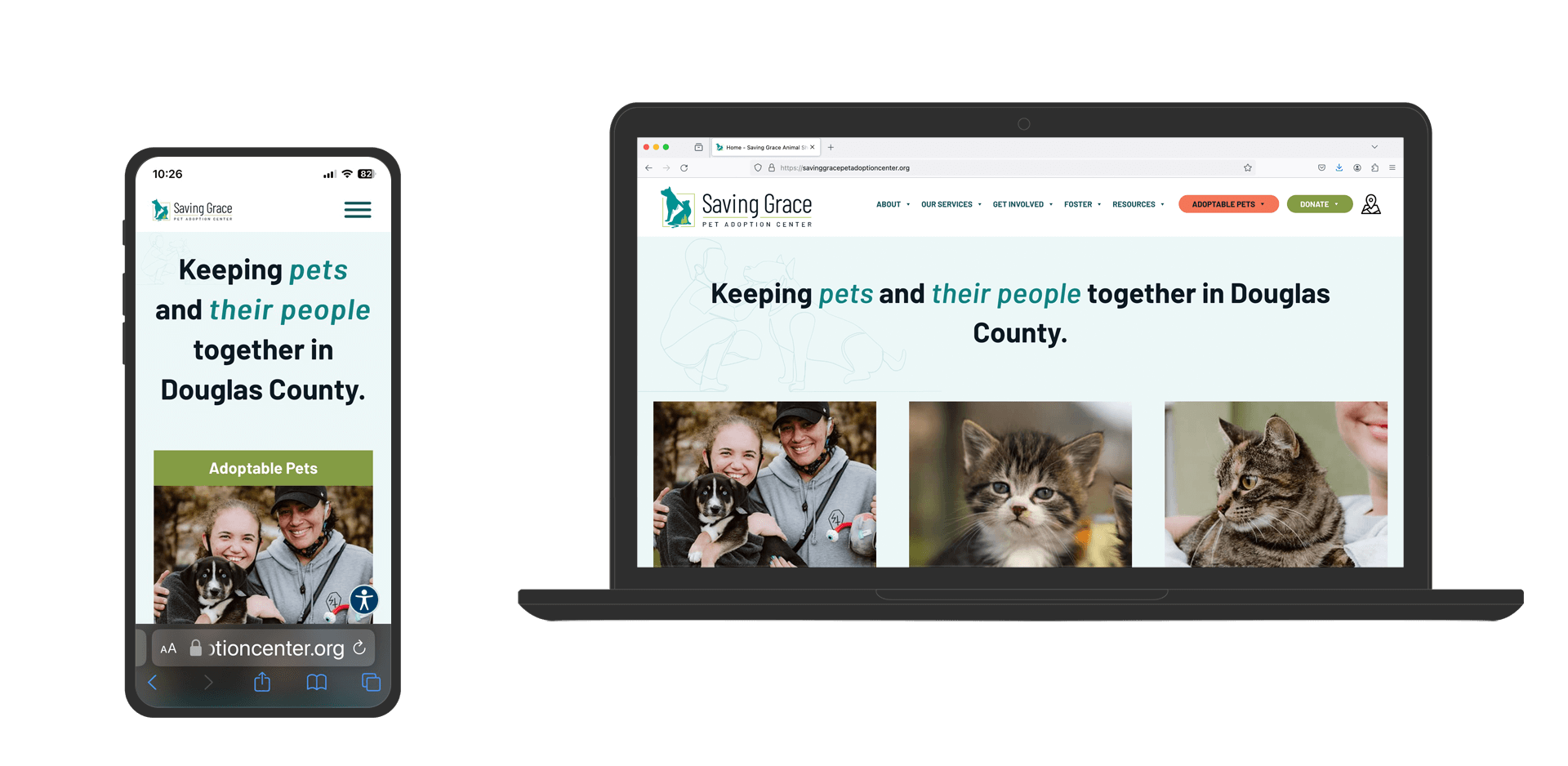A graphic showing the website of a non-profit local animal shelter displayed on a laptop and a mobile device.