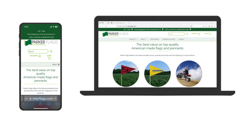 A graphic showing the website of an ecommerce company that sells flags displayed on a laptop and a mobile device.