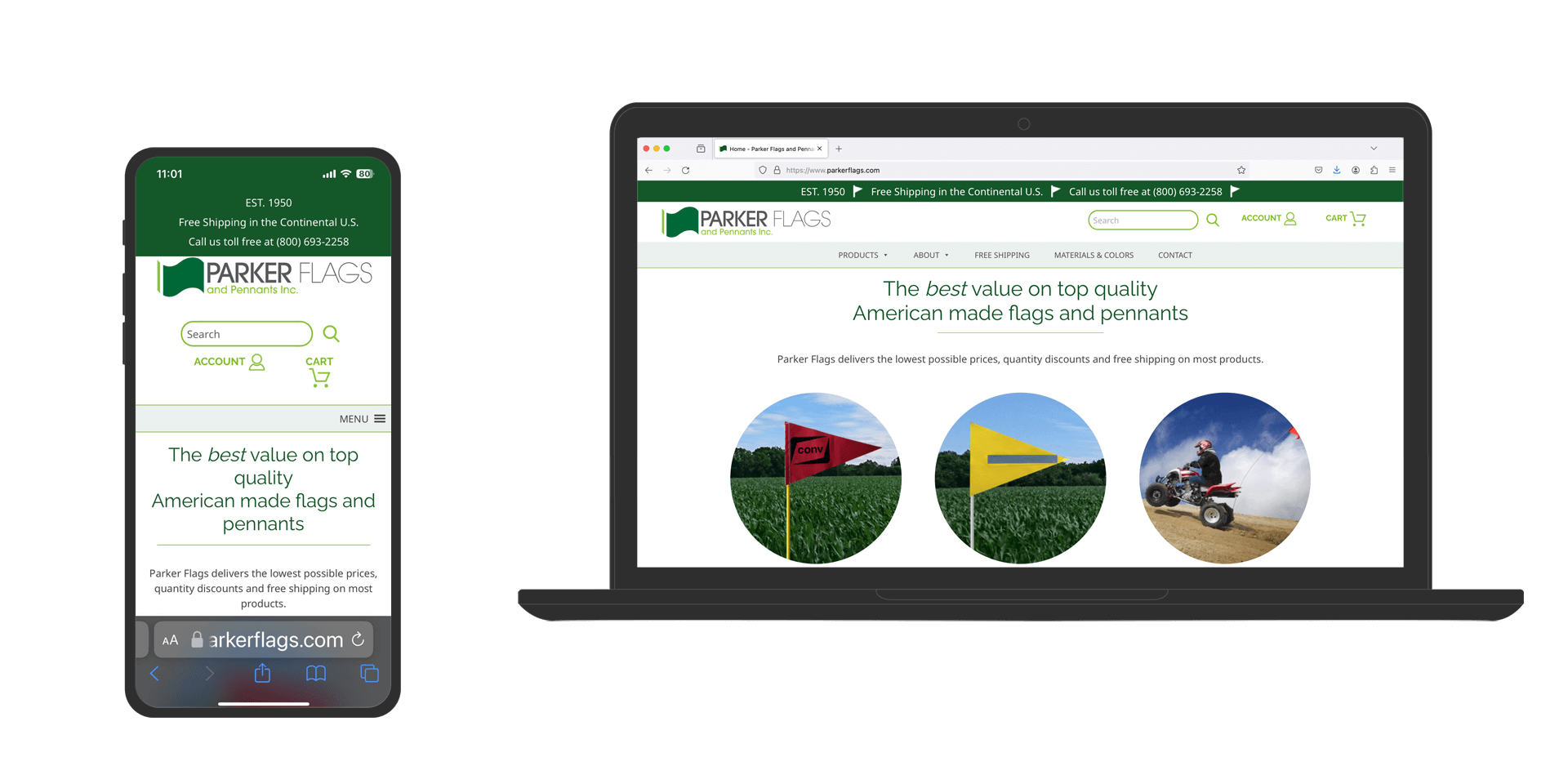 A graphic showing the website of an ecommerce company that sells flags displayed on a laptop and a mobile device.