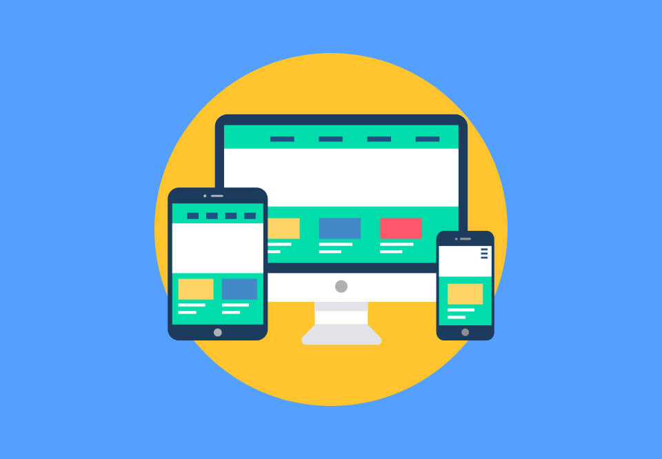 A graphic representing the top half of a website page, known as the hero section, on a computer screen, a tablet and a phone screen