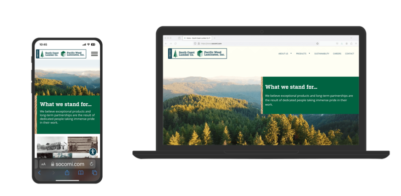 A graphic showing the website of a lumber manufacturer displayed on a laptop and a mobile device.